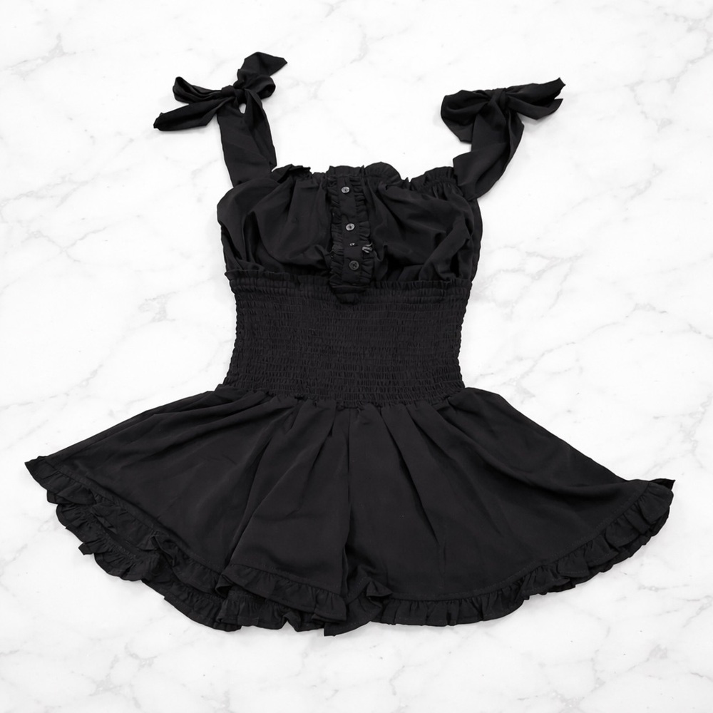 White Birch Black Smocked Romper w/ Ribbon Straps Size Small NWOT